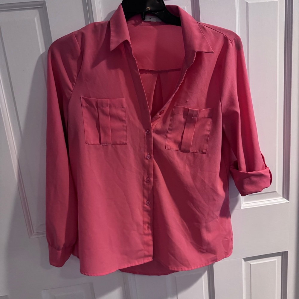 Mine Coral Button Down Blouse Roll Tab Sleeves Size L